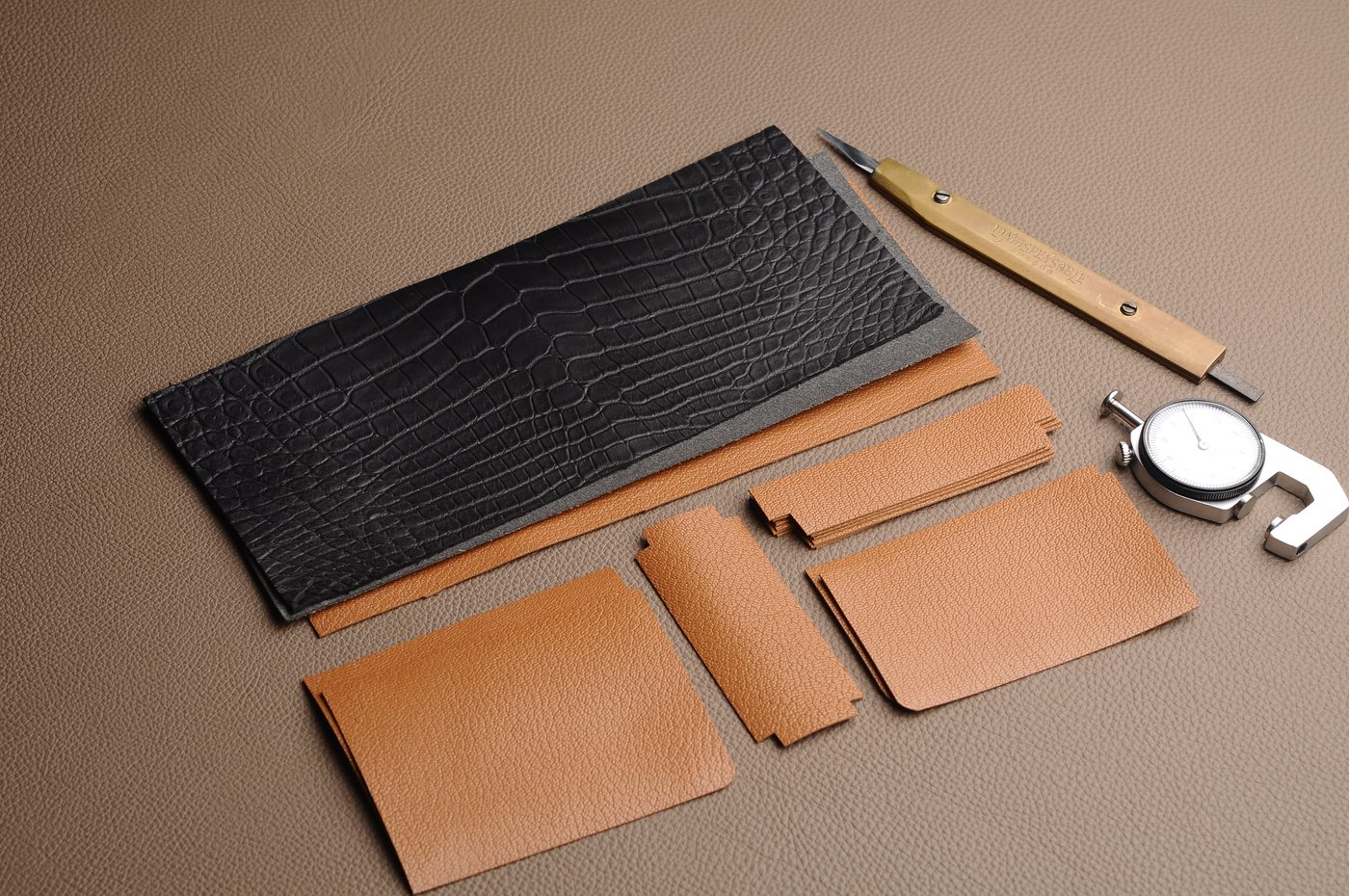 Leather panels and tools prepared before assembly