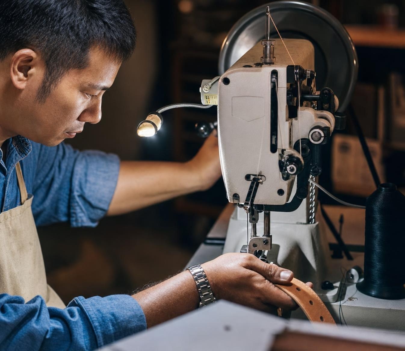 A Chinese leatherworker guiding leather through a sewing machine